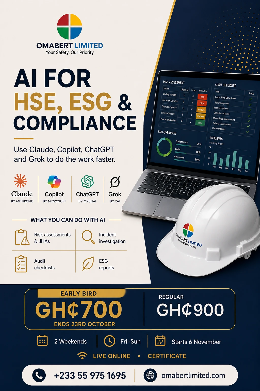 AI for HSE, ESG and Compliance course flyer: early bird GH₵700 until 23 October, regular GH₵900, 2 weekends Friday to Sunday, starts 6 November, live online, certificate.