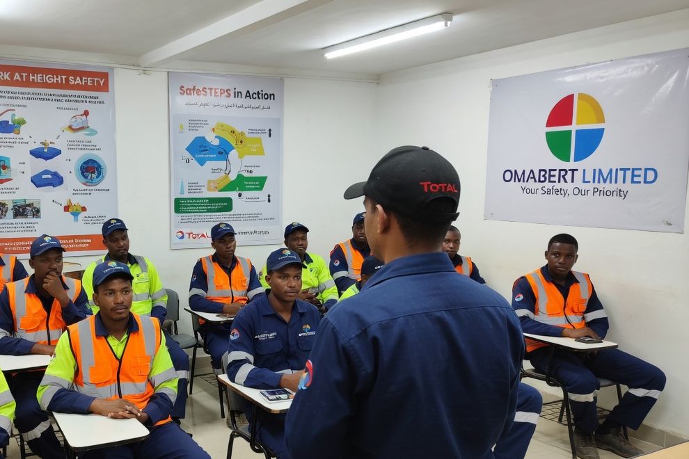 Site workers in hi-vis vests seated for a safety briefing