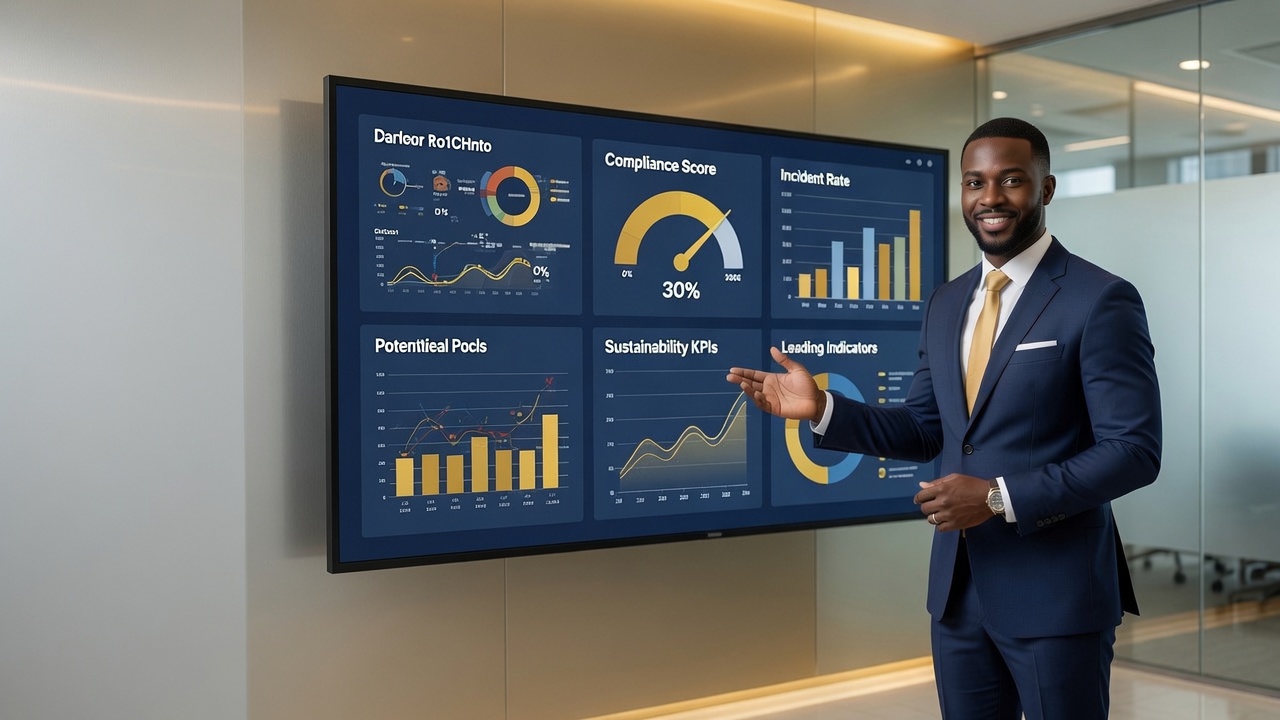 A professional presenting a Power BI HSE and ESG dashboard on a large screen